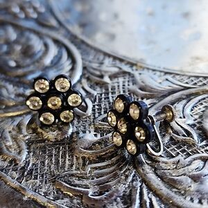 Vintage Flower Shaped Rhinestone Embellished Screw Back Earrings